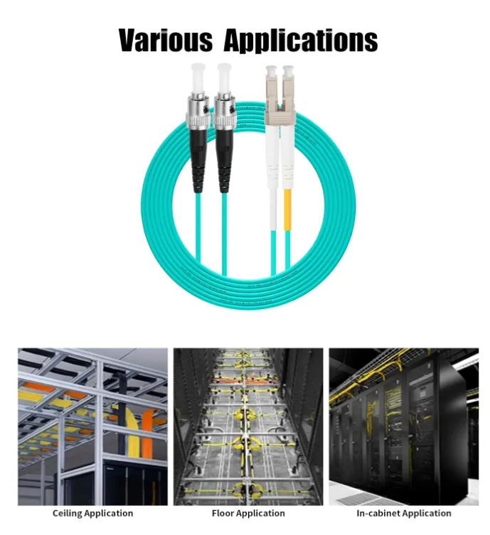 OM3 LC‑UPC to ST‑UPC Duplex Fiber Patch Cord, 50/125μm Multimode Optical Cable LSZH Jacket