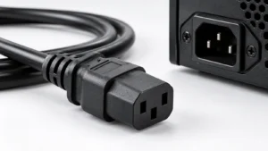 C13 power cord connector beside a compatible equipment power inlet