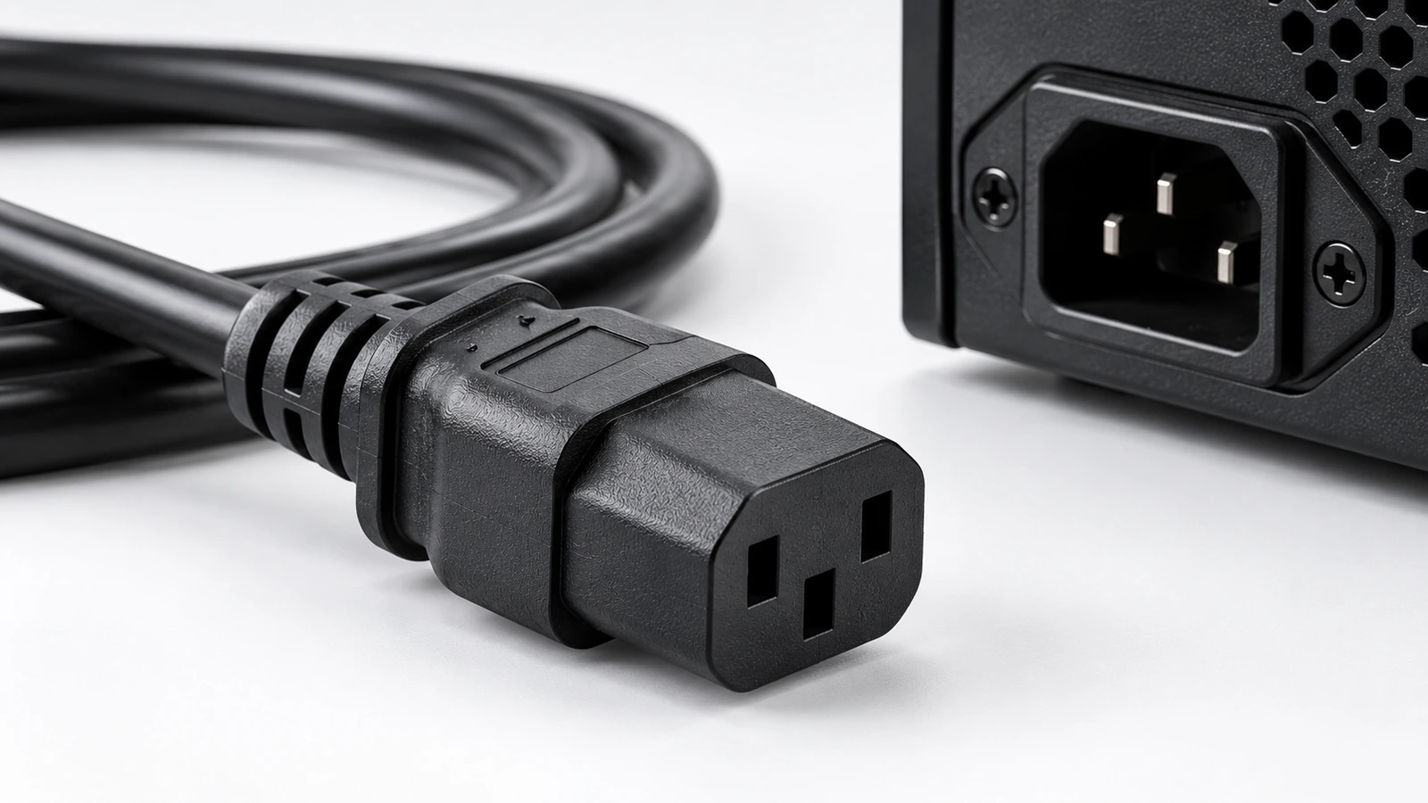 C13 power cord connector beside a compatible equipment power inlet