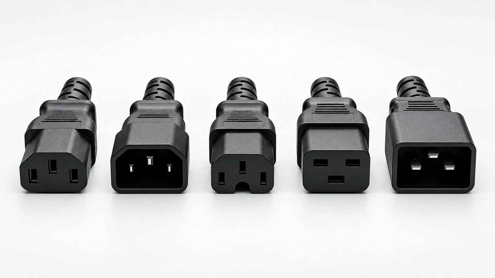 Lineup of IEC-style power connectors with different contact layouts for visual identification
