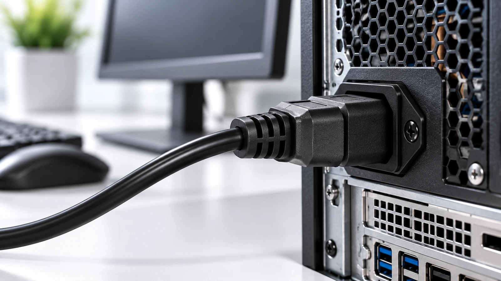 C13 power cord connected to office or IT equipment with a compatible power inlet