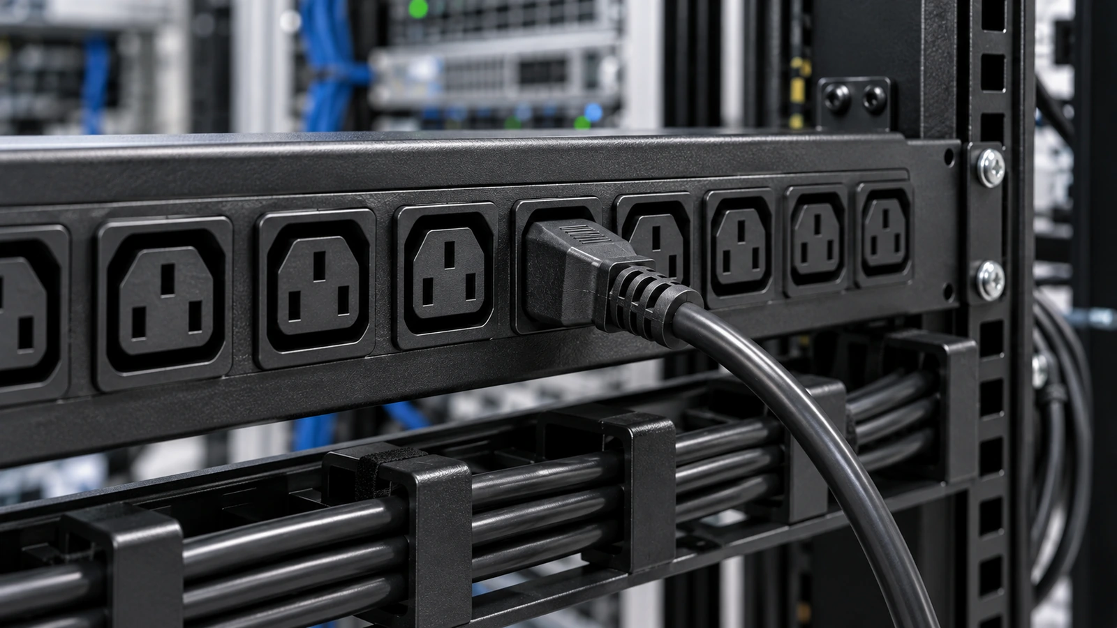 C13 power cord connected to a rack power distribution unit with neatly managed cables