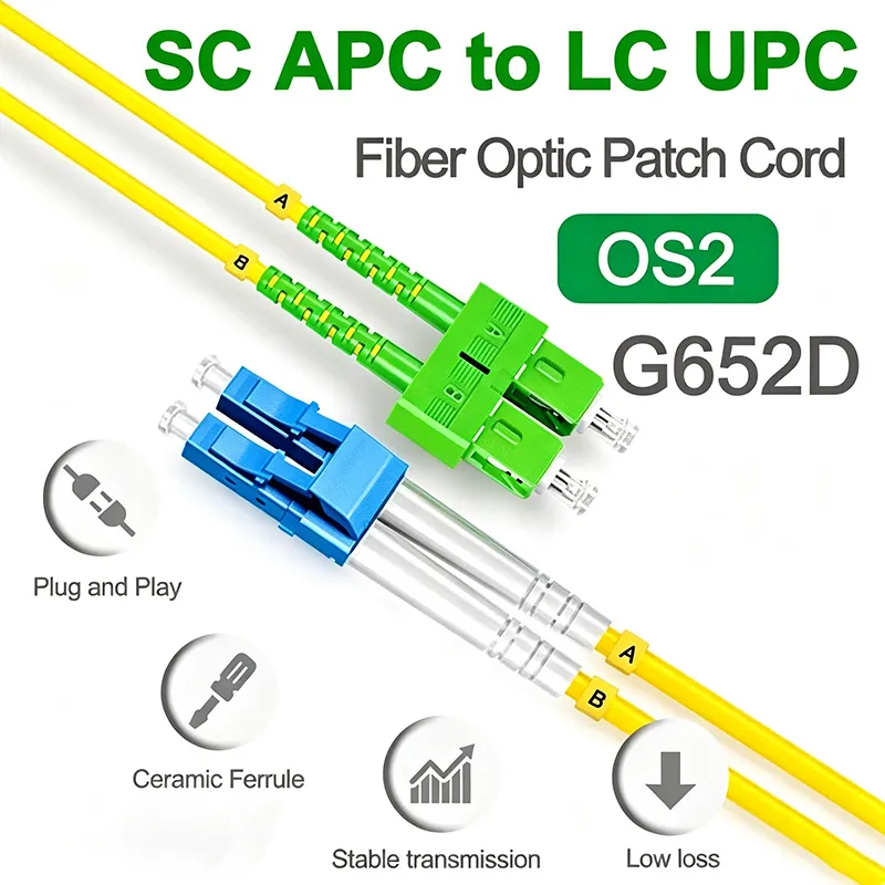 Duplex OS2 Single Mode Fiber Patch Cord LC‑UPC to SC‑APC LSZH Jacket Transition Optical Jumper for Mixed‑Polishing Optical Cabinet Wiring