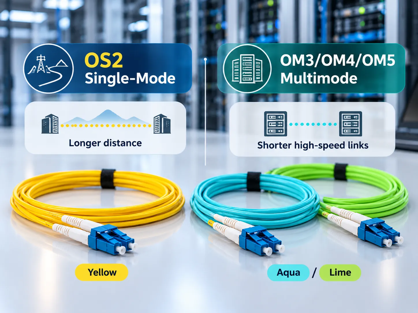 Comparison of OS2 single mode and OM multimode fiber patch cords
