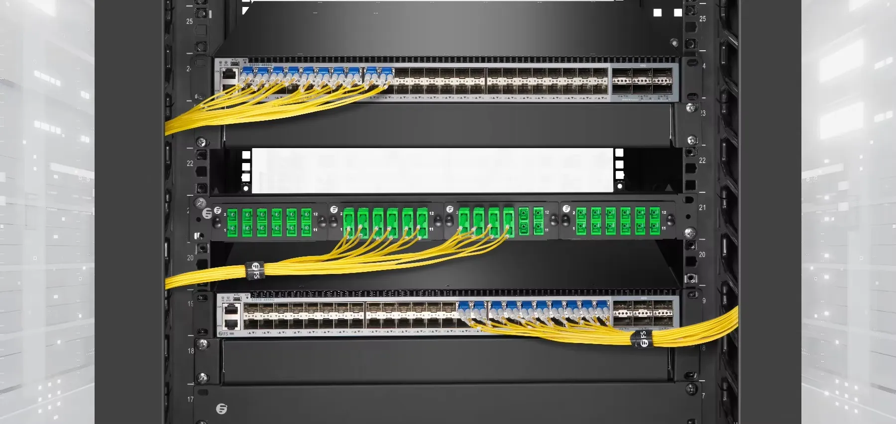 OS2 singlemode simplex fiber patch cords connected in a rack-mounted fiber optic distribution application