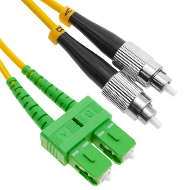Cabo de remendo de fibra monomodo Duplex OS2 9/125 SC APC para FC UPC, jumper ótico de transição para cablagem de armários de telecomunicações com polimento misto
