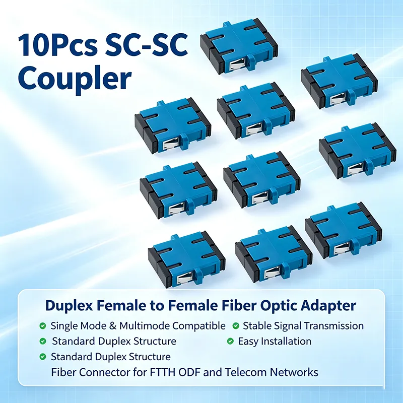 10Pcs SC Duplex Fiber Optic Adapter Female to Female SC‑SC Coupler, Single Mode & Multimode Compatible for ODF Patch Panel