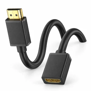 Flexible HDMI extension cable with curved cable body and gold-plated connectors on a white background
