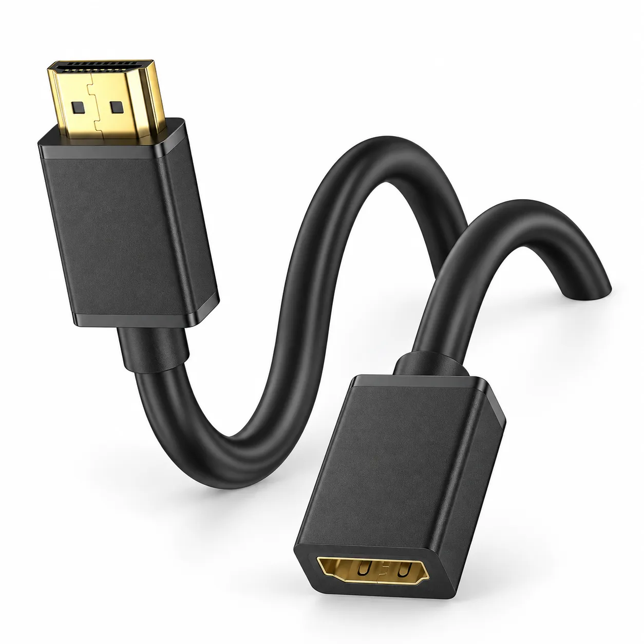 Flexible HDMI extension cable with curved cable body and gold-plated connectors on a white background