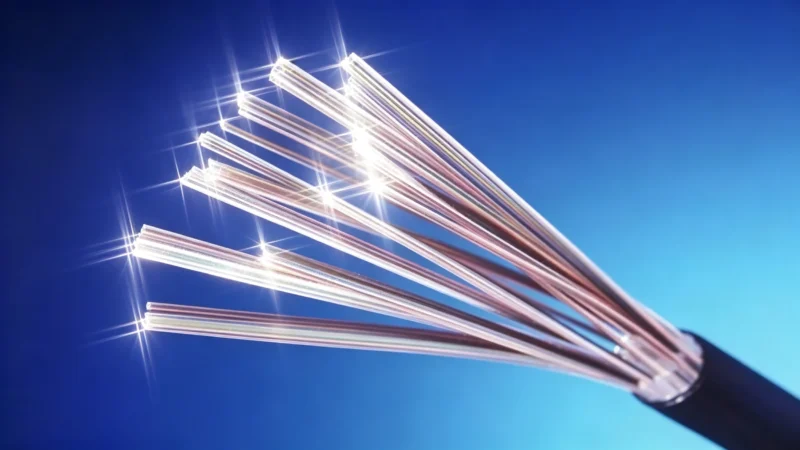 Bare optical fiber bundle closeup