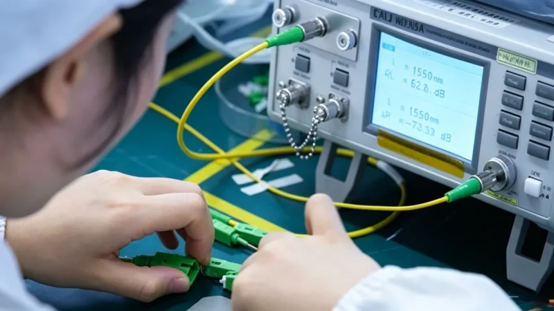 Technician tests fiber optic patch cord with optical testing instrument