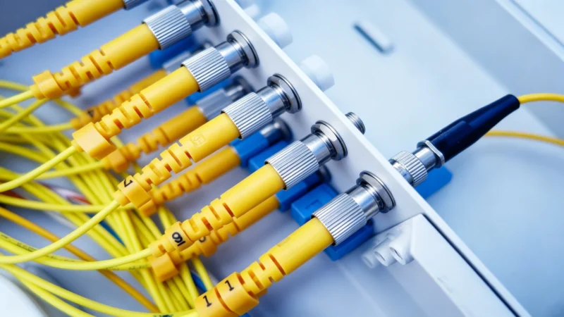 text: Yellow SC fiber patch cords plugged in optical distribution frame