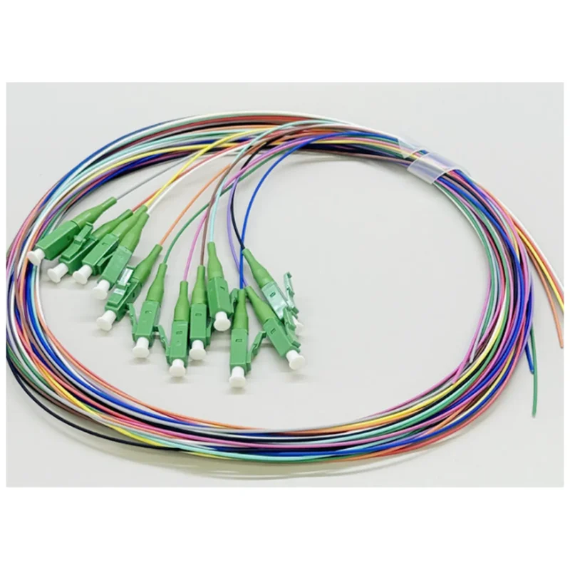 12 fiber LC APC single mode pigtail with green connectors and color-coded fibers