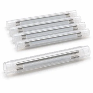 Dual pin fiber optic splice protection sleeves 60 mm with transparent outer tubes and visible stainless steel reinforcement pins on a white background