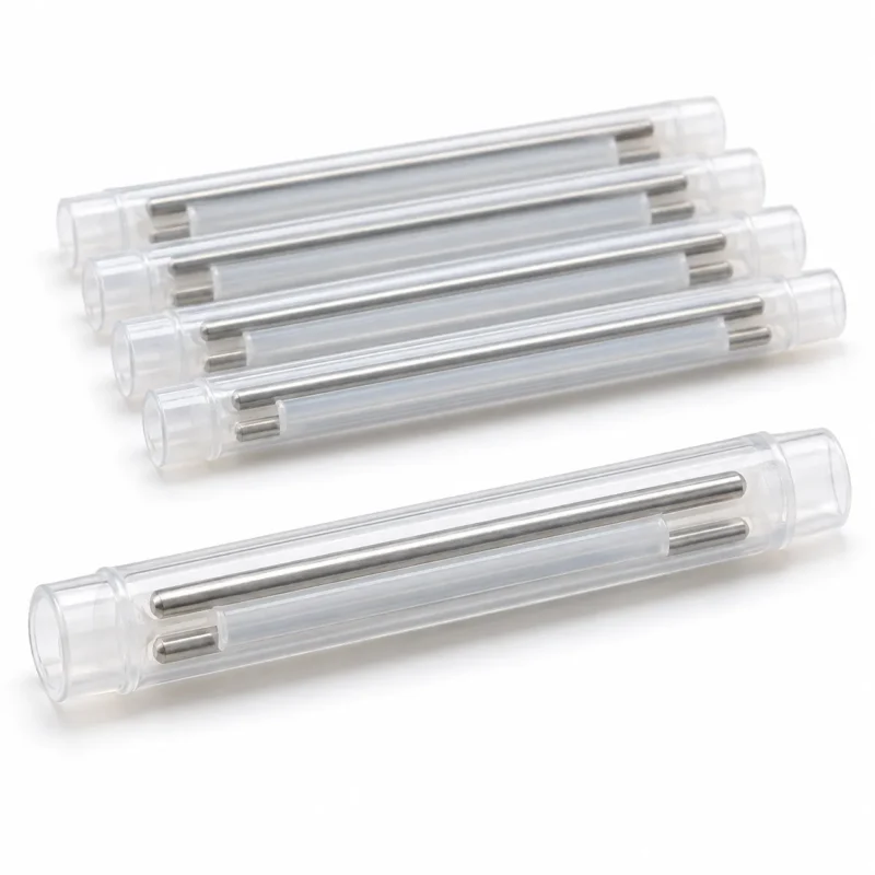 Dual pin fiber optic splice protection sleeves 60 mm with transparent outer tubes and visible stainless steel reinforcement pins on a white background