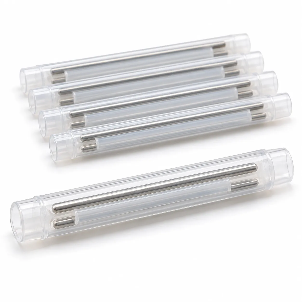 Dual pin fiber optic splice protection sleeves 60 mm with transparent outer tubes and visible stainless steel reinforcement pins on a white background
