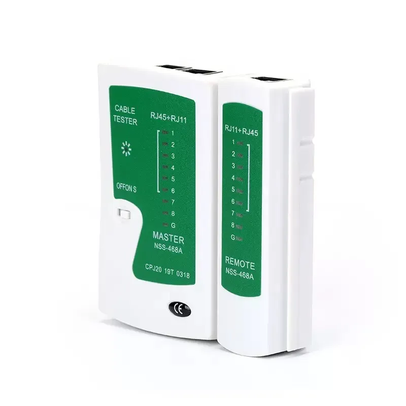 RJ45 RJ11 Network Cable Tester with detachable remote module, white housings, green indicator panels and modular test ports