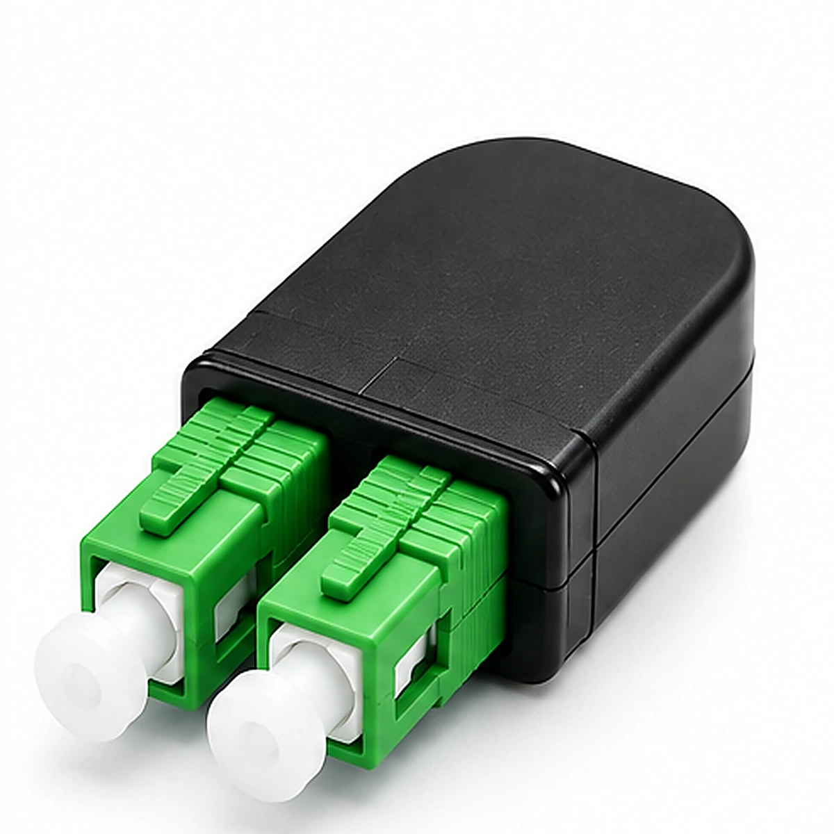 SC/APC Fiber Optic Loopback module, duplex singlemode, with two green SC/APC connectors and a black housing on white
