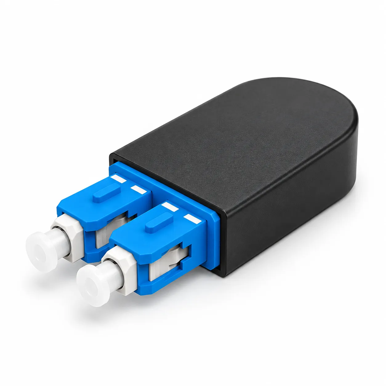 Angled view of SC UPC duplex singlemode fiber optic loopback with black housing and dual blue SC connectors on a white background