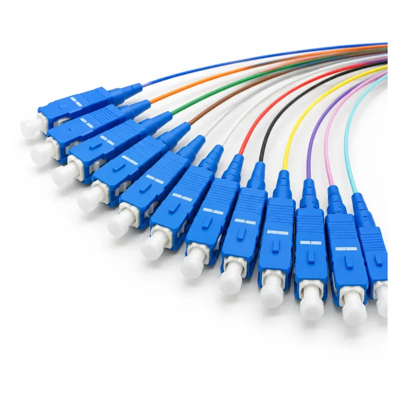 Close-up of blue SC/UPC connectors with white protective caps on a 12-fiber pigtail