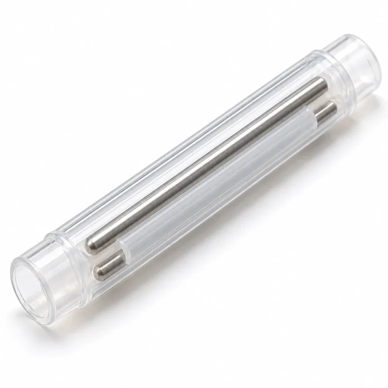Close-up of a 60 mm dual pin fiber optic splice protection sleeve showing the clear outer tube, hot-melt inner tube, and dual stainless steel pins