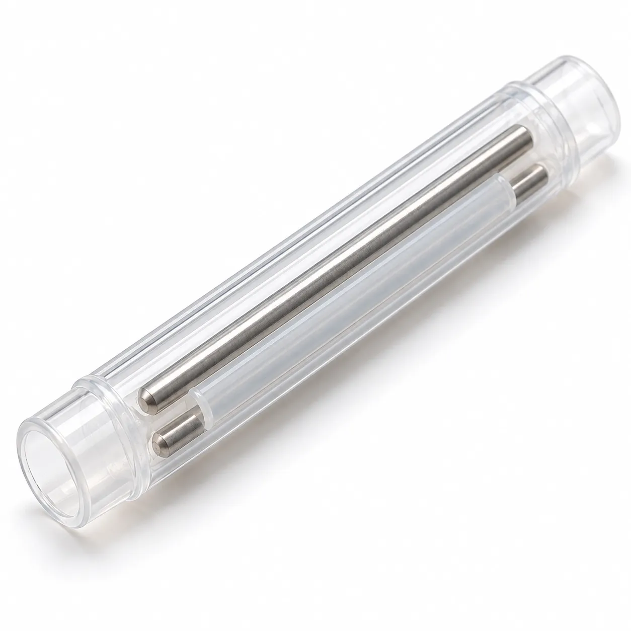 Close-up of a 60 mm dual pin fiber optic splice protection sleeve showing the clear outer tube, hot-melt inner tube, and dual stainless steel pins