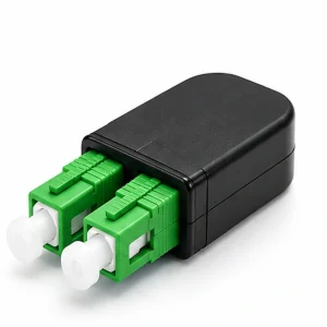 Angled studio view of a duplex singlemode SC/APC fiber optic loopback module with green connectors and black case