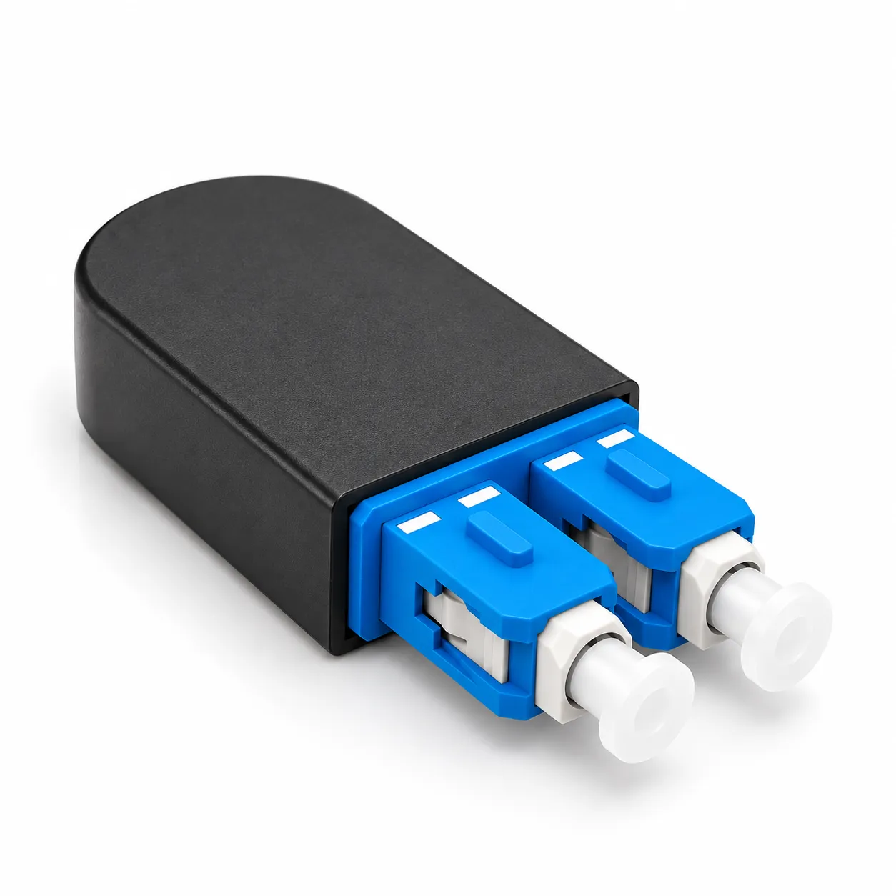 Angled view of SC UPC duplex singlemode fiber optic loopback with black housing and dual blue SC connectors on a white background