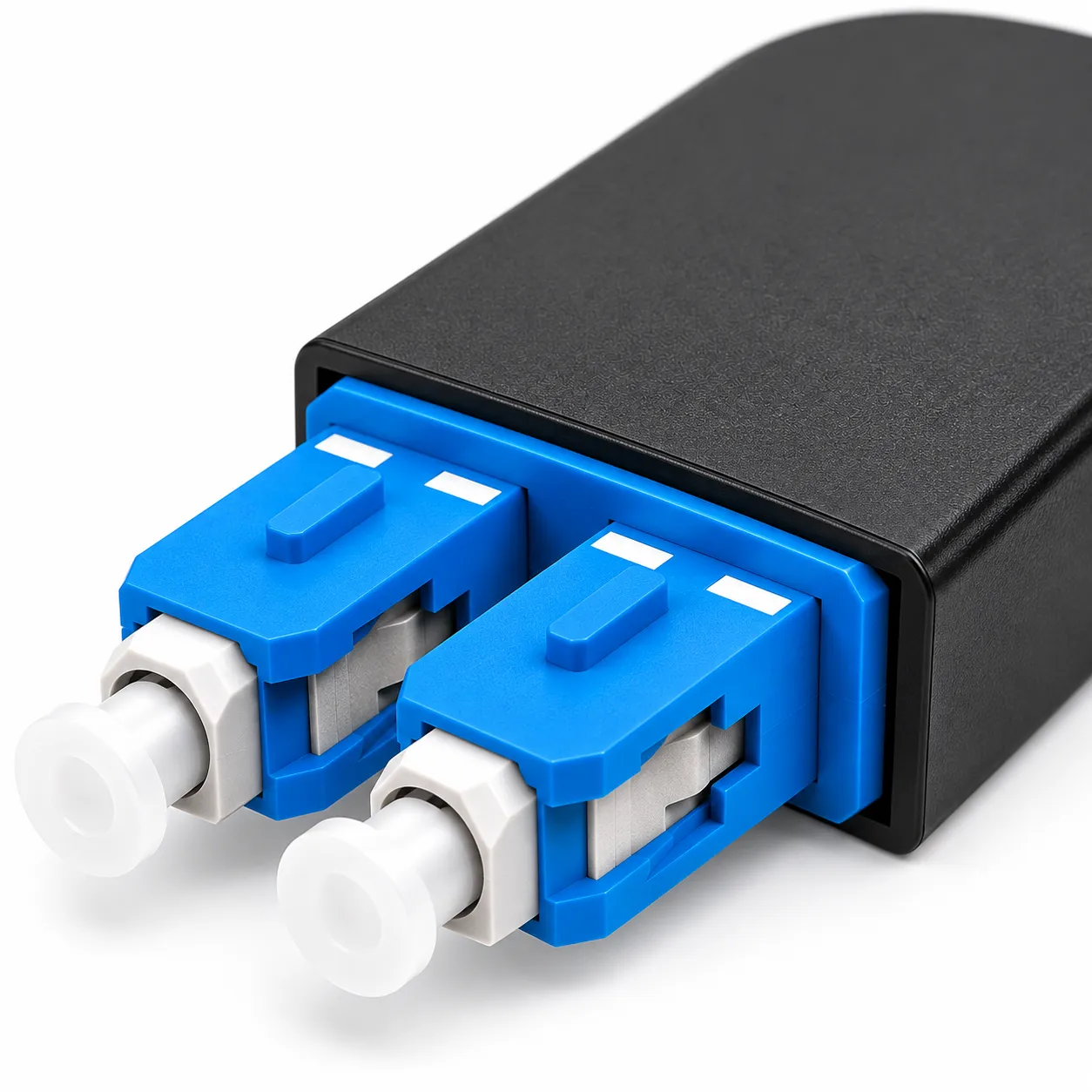 Close-up detail of dual blue SC UPC connectors on a duplex singlemode fiber optic loopback module