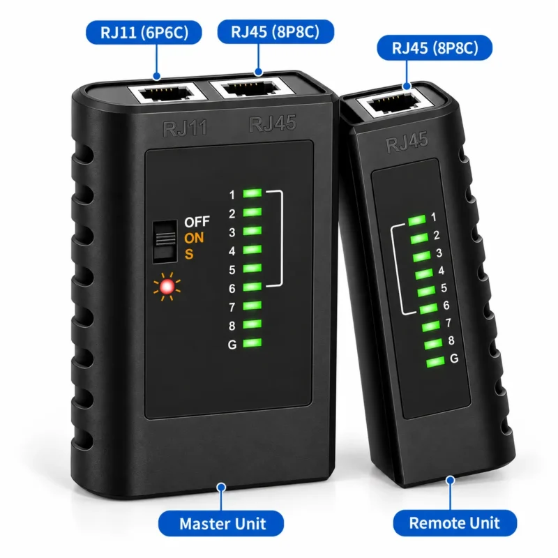 VC468 network cable tester product overview showing RJ11 6P6C and RJ45 8P8C ports, plus labeled master and remote units