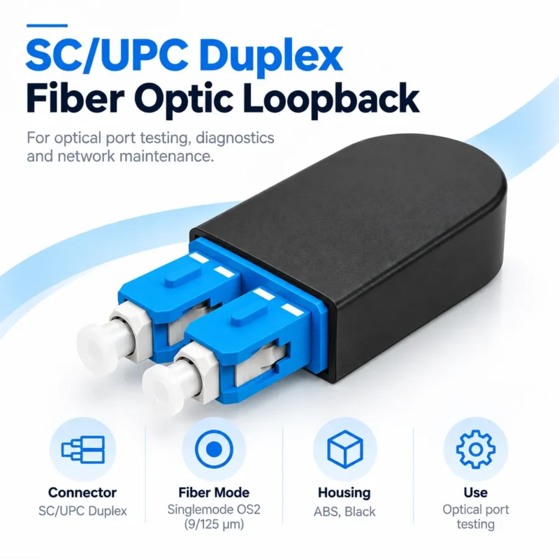 SC UPC duplex fiber optic loopback overview image showing connector type, singlemode OS2 fiber mode, black ABS housing, and optical port testing use