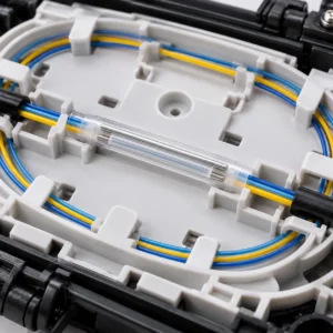Dual pin fiber optic splice protection sleeve installed in a fiber splice tray protecting a splice in an FTTH fiber optic cable application