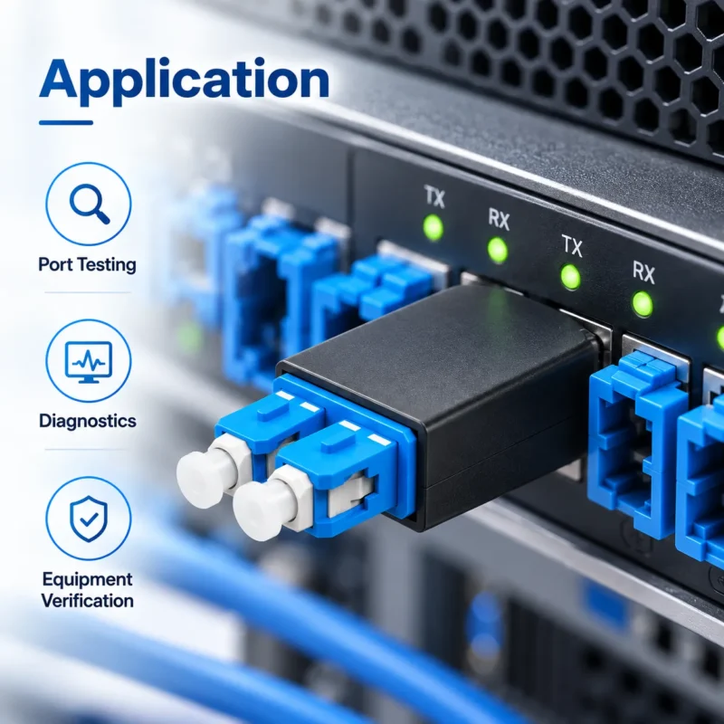 SC UPC fiber optic loopback used for optical port testing, diagnostics, and equipment verification in network hardware
