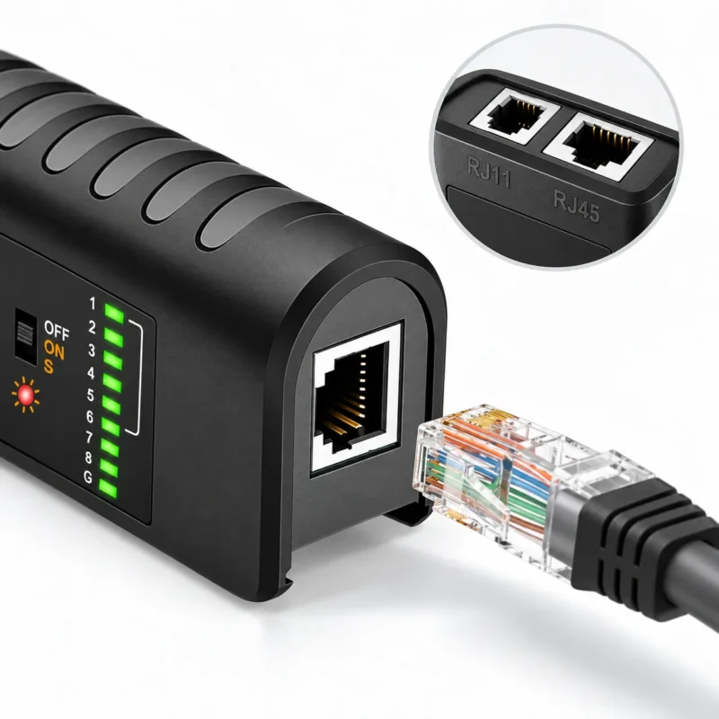 Close-up detail of the RJ45 port on the VC468 network cable tester with an Ethernet connector inserted