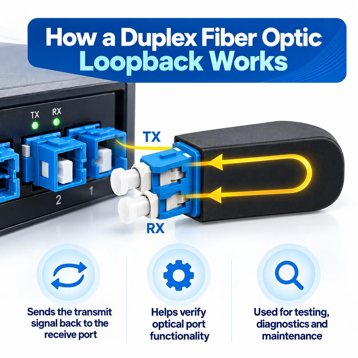Duplex fiber optic loopback working principle showing how the transmit signal returns to the receive side for optical port testing
