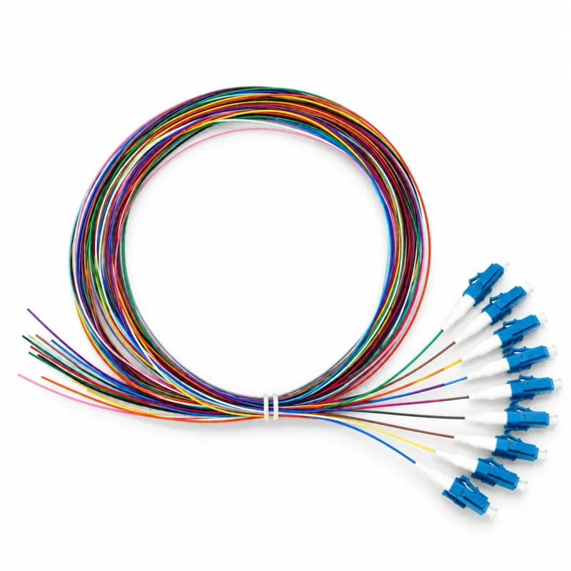 12 Fiber LC UPC Pigtail with 12 color-coded single-mode fiber branches and LC/UPC connectors