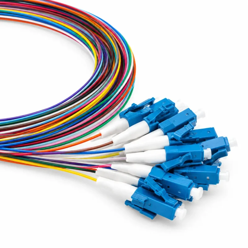 12 Fiber LC UPC Pigtail with 12 color-coded single-mode fiber branches and LC/UPC connectors