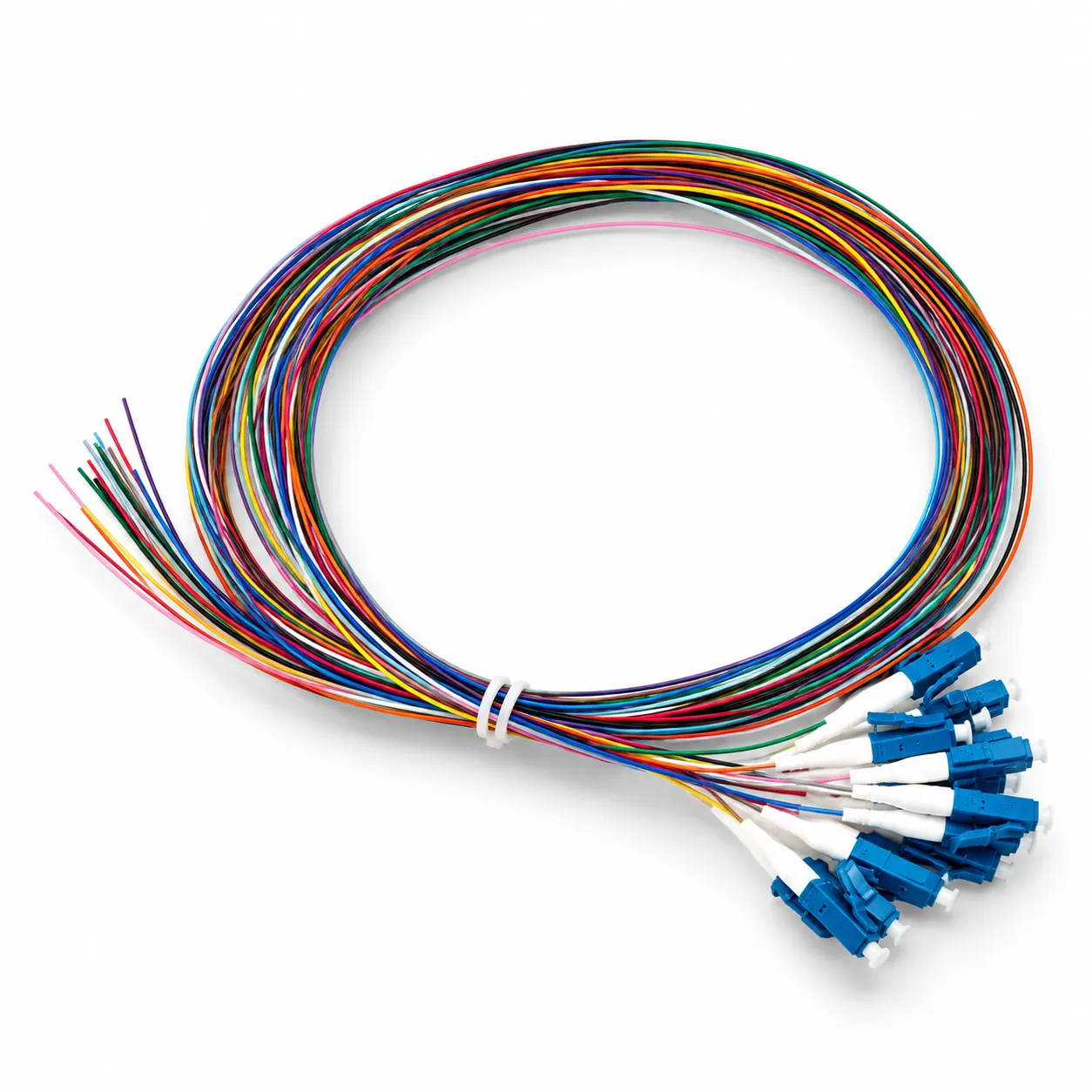 12 Fiber LC UPC Pigtail with 12 color-coded single-mode fiber branches and LC/UPC connectors