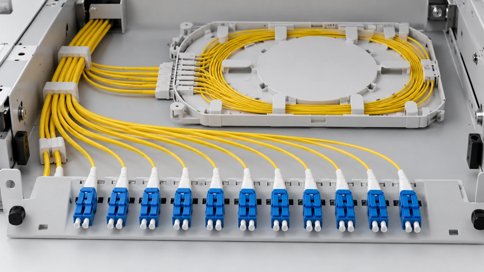 Fiber Optic Pigtail Guide: How to Choose the Right Specifications 4 Twelve-fiber pigtail terminations organized in an optical distribution frame splice tray