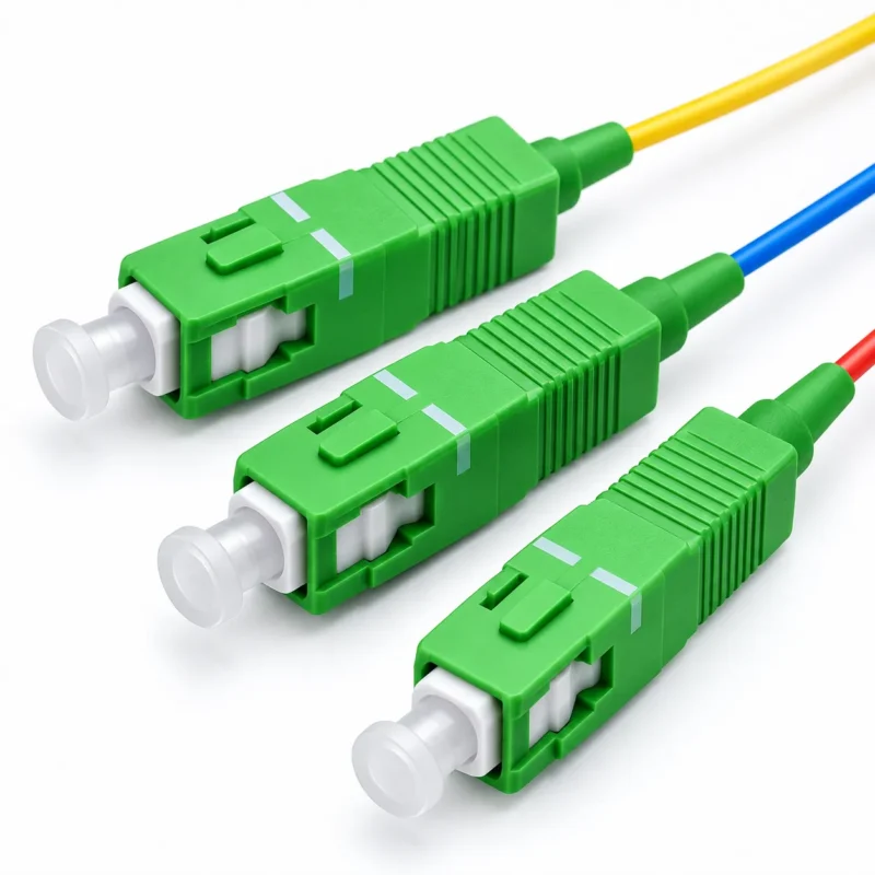 Close-up of green SC APC fiber pigtail connectors with white protective dust caps