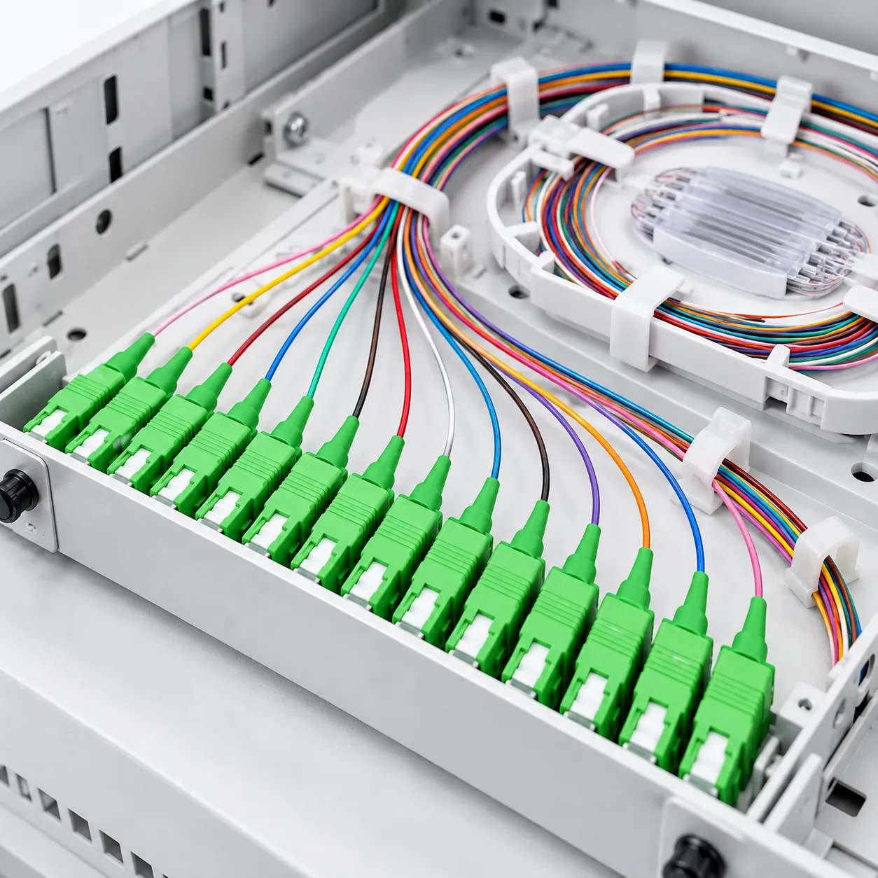 Green SC APC fiber pigtail connectors installed in an optical distribution frame with organized fibers and splice tray
