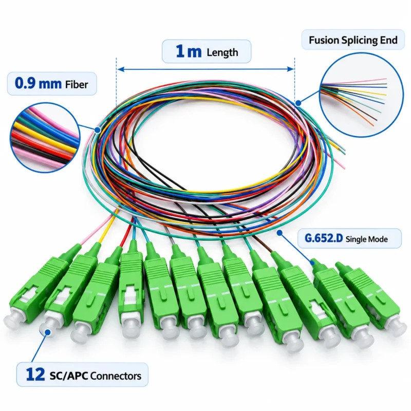 Illustrated 12 fiber SC APC pigtail structure with color-coded fibers, connector ends and labeled specifications