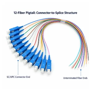 Diagram of 12-fiber SC/UPC pigtail showing connector ends and free fibers for splicing