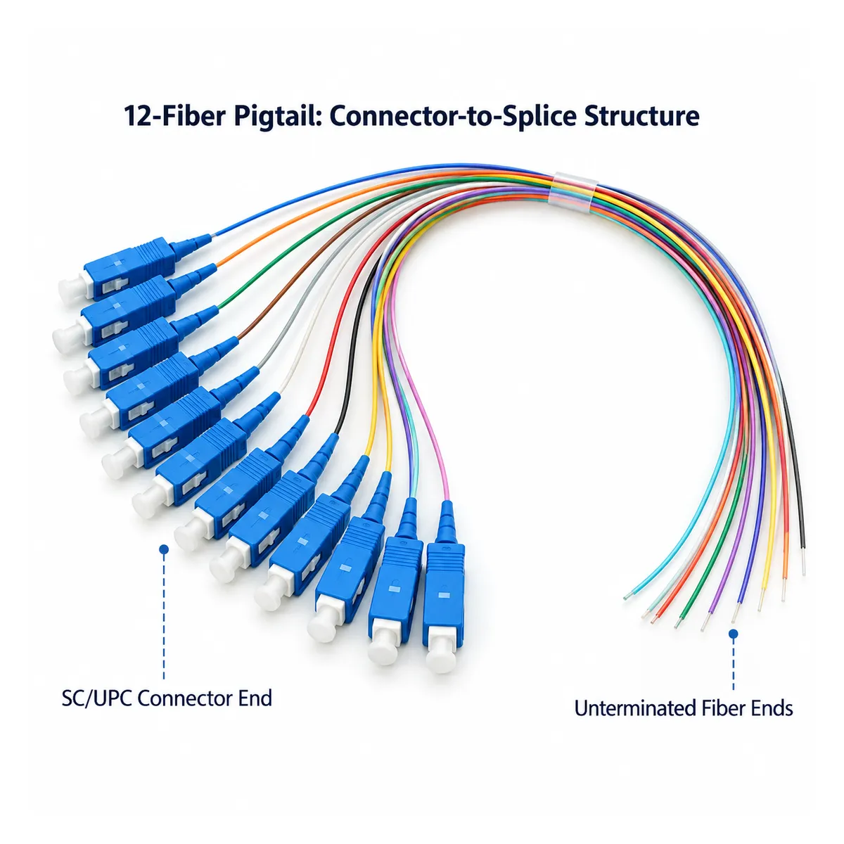 Diagram of 12-fiber SC/UPC pigtail showing connector ends and free fibers for splicing