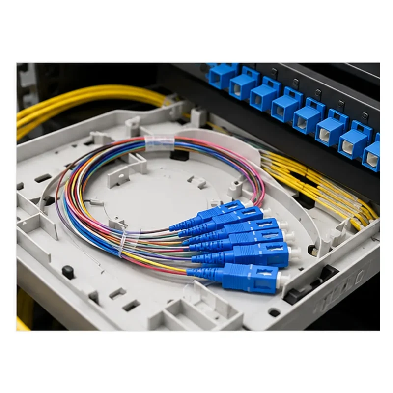 Illustrated 12-fiber SC/UPC pigtail application inside optical distribution equipment