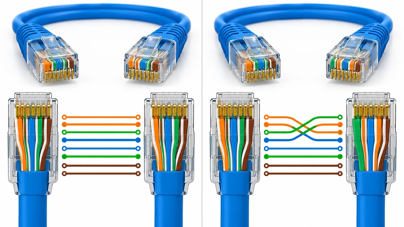 Visual comparison of straight-through Ethernet wiring and crossover wiring with transmit and receive paths crossed