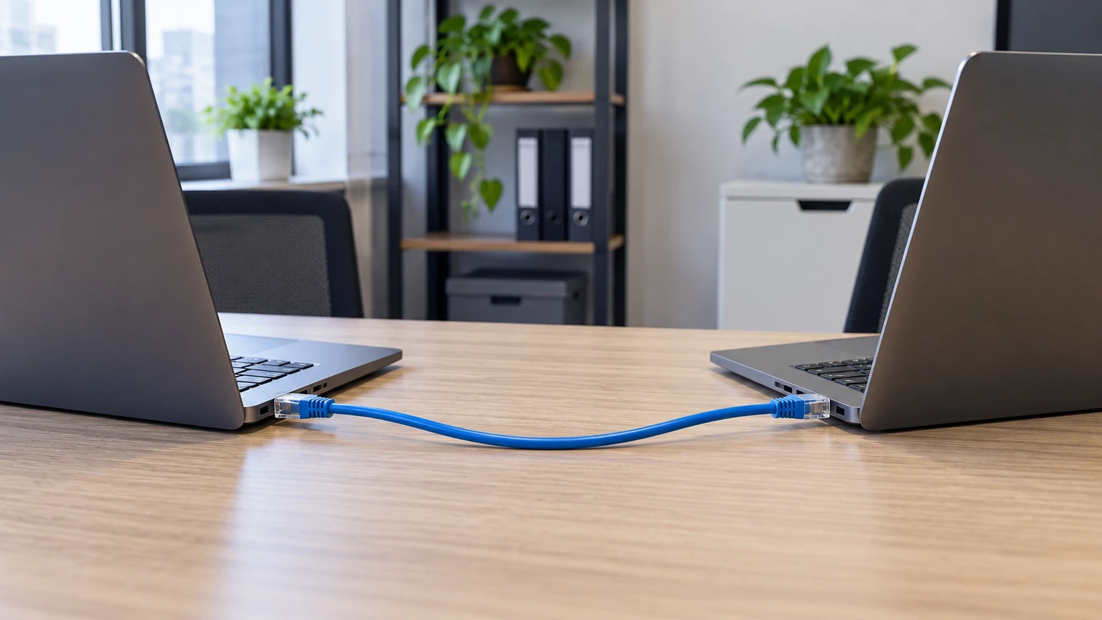Two laptop computers connected directly with an Ethernet cable