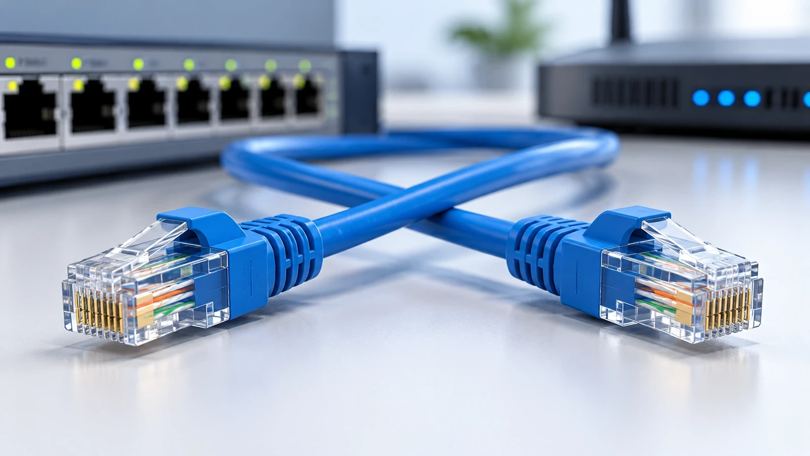 Ethernet crossover cable with RJ45 connectors beside network equipment
