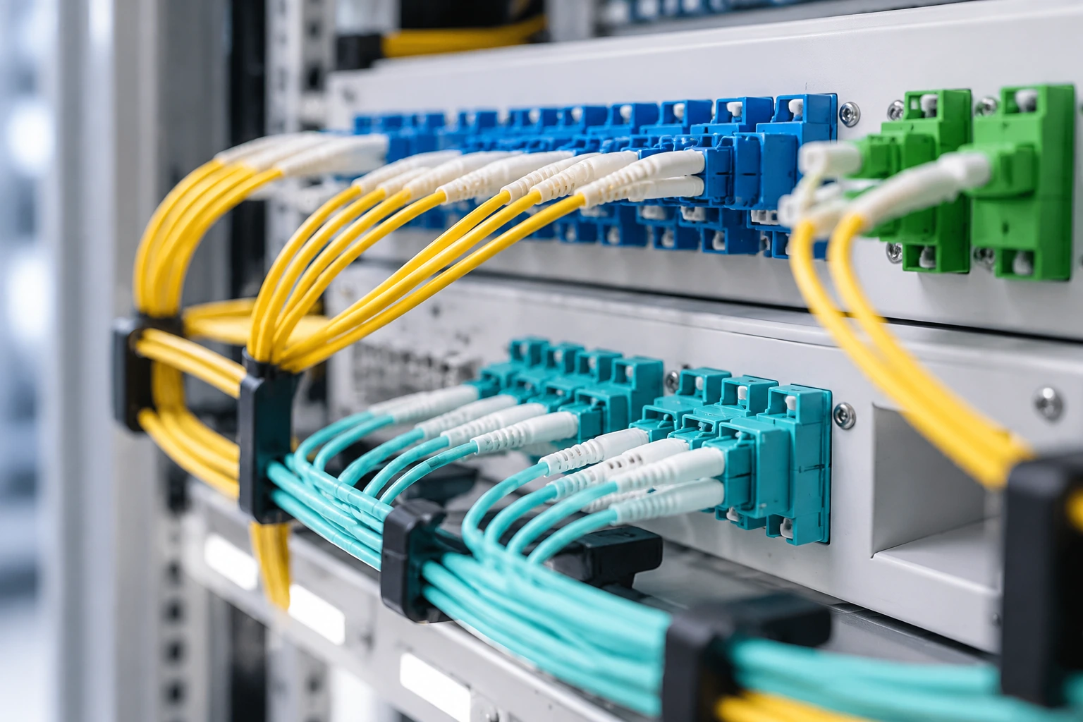 Fiber optic adapters installed in a data center patching environment