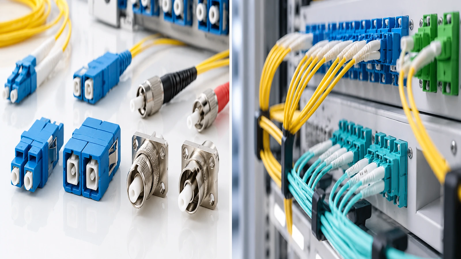 Fiber optic adapter types including LC, SC, FC, and different adapter configurations